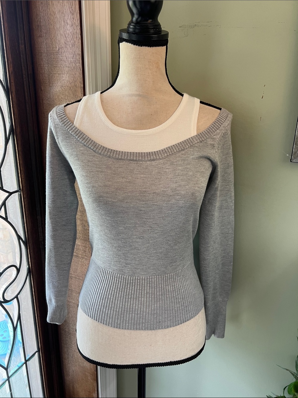 Thirty Thirty Off-the-Shoulder Knit Sweater in Light Gray